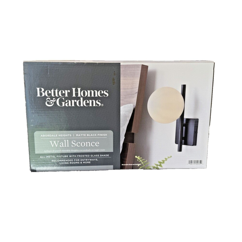 NIB Better Homes & Gardens Light Fixture Wall Sconce Matte Black & Frosted Glass